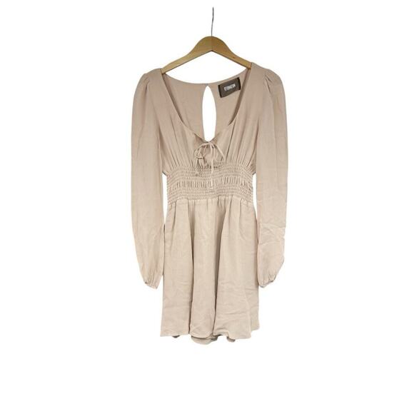 Reformation Wilder Dress Size 10 Beige Nude Mini Smocked Square Neck Womens - Picture 1 of 10